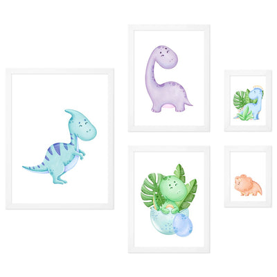 Galeria obrazów dla małych dzieci zawierająca plakaty z kolorowymi dinozaurami w białych ramkach#ramka_biala