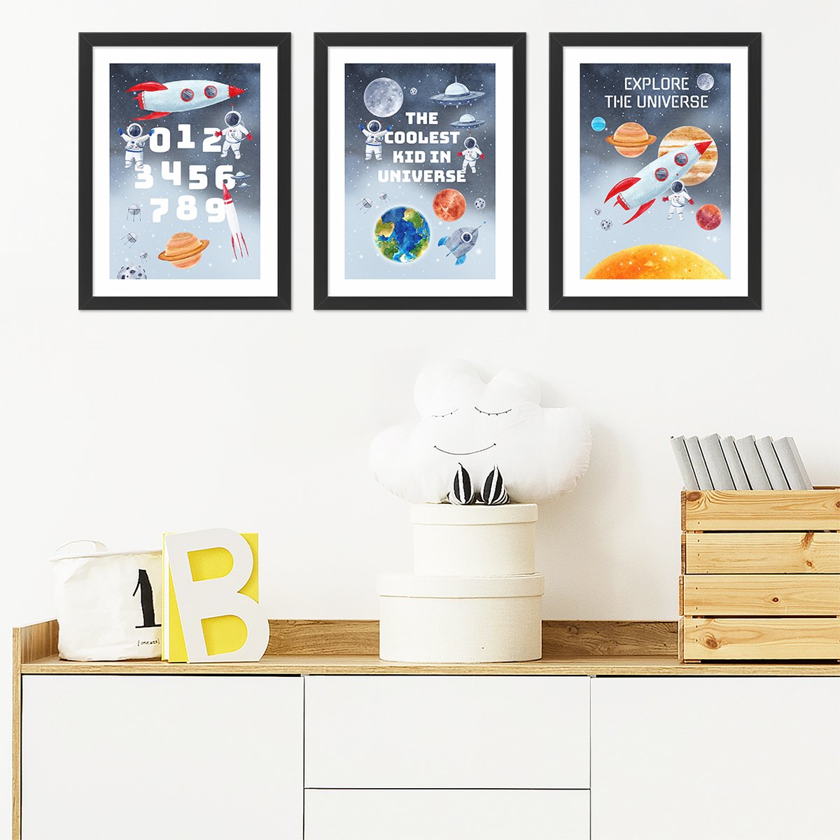 Plakaty kosmos, planety i cyfry dla chłopców