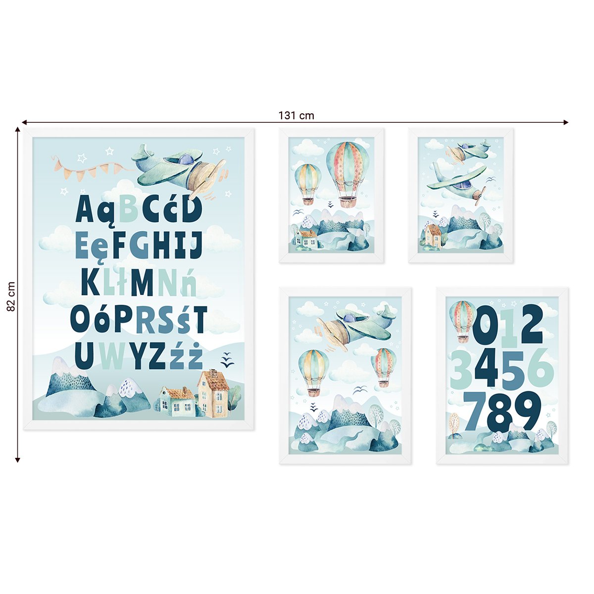 Galeria obrazów dla chłopca - plakaty z alfabetem, cyframi i samolotami w miętowych barwach z białymi ramkami#ramka_biala