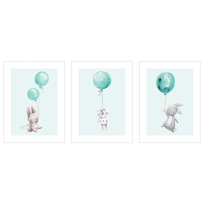 Plakaty dla dzieci i młodzieży - króliczki i baloniki - zestaw trzech plakatów#kolor_mietowy