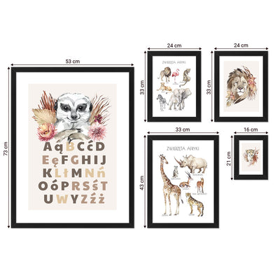 Galeria obrazów dla pierwszaków - plakaty edukacyjne ze zwierzętami Afryki w czarnych ramach dla małych dzieci#ramka_czarna