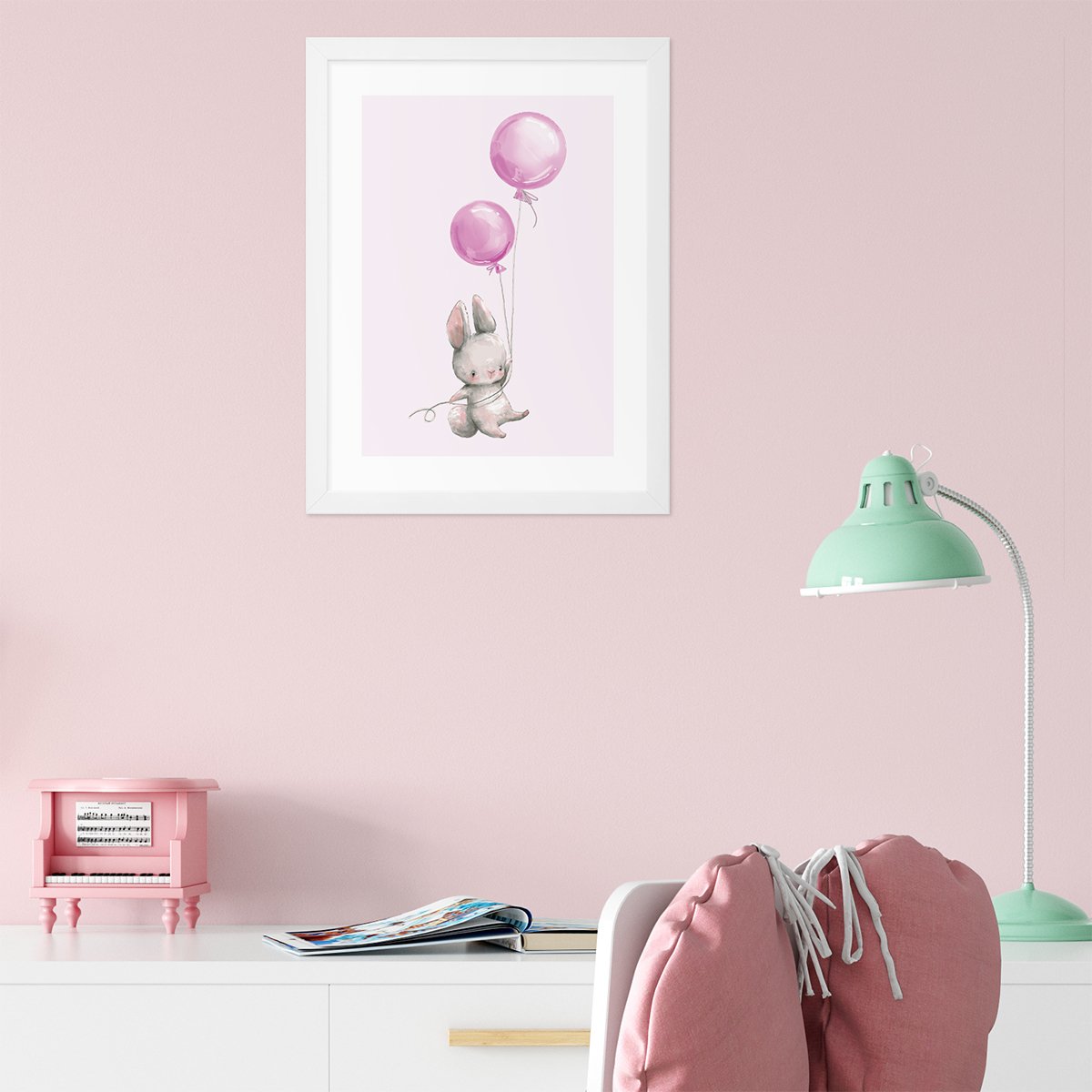 Plakaty dla dzieci do pokoju dziecięcego z królikiem i różowymi balonami#kolor_rozowy