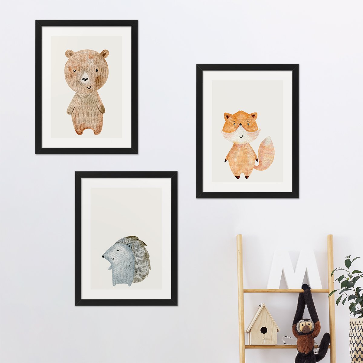 Plakaty dla dziecka zwierzęta leśne w czarnych ramkach w zestawie