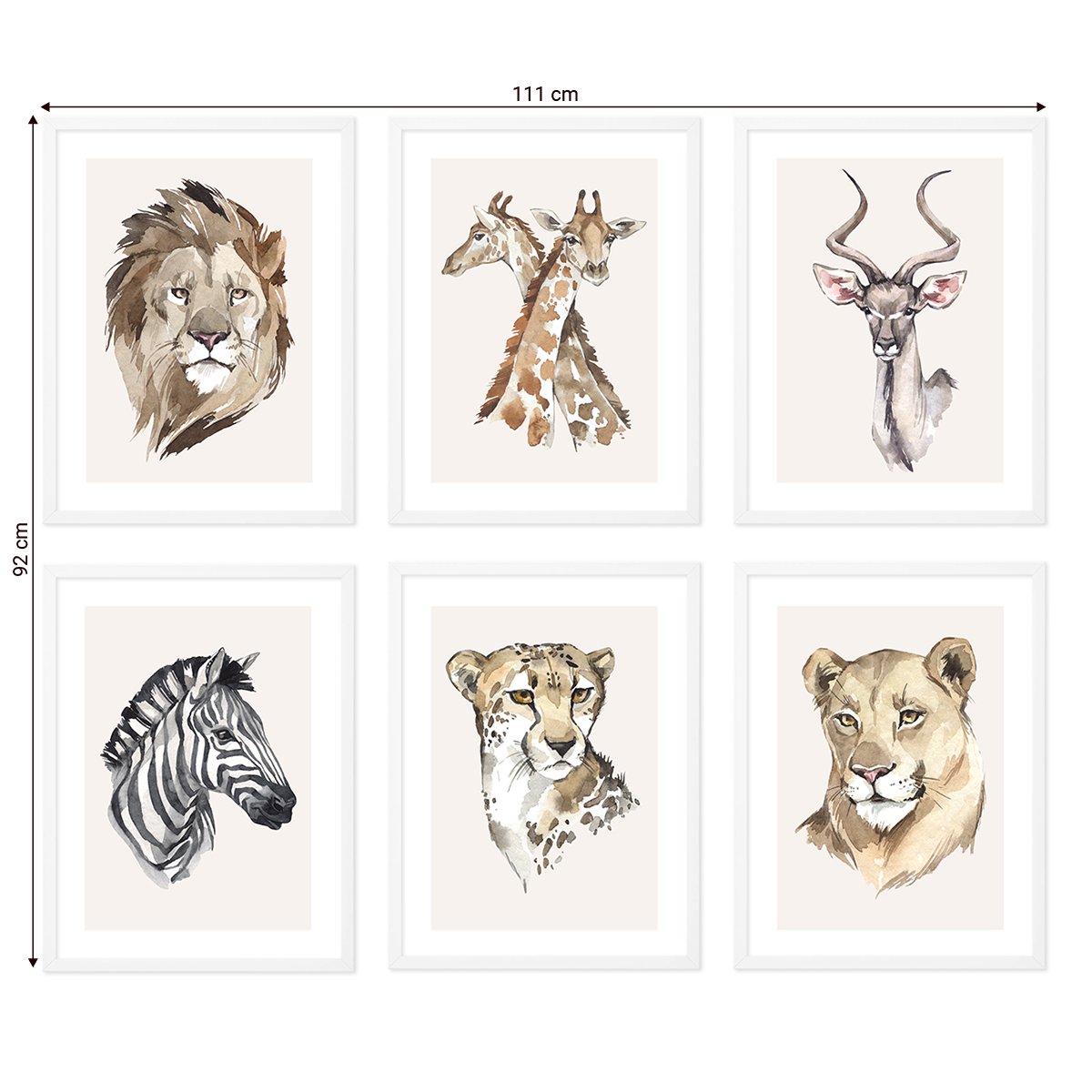 Galeria ścienna dla dziewczynki - plakaty z dzikimi zwierzętami Afryki w białych ramkach#ramka_biala