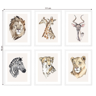 Galeria ścienna dla dziewczynki - plakaty z dzikimi zwierzętami Afryki w białych ramkach#ramka_biala