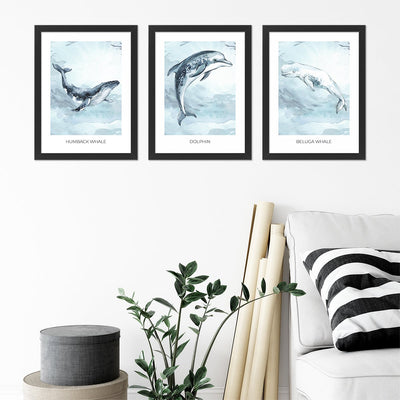 Plakaty dla nastolatków z wielorybem, delfinem i belugą w czarnych ramkach