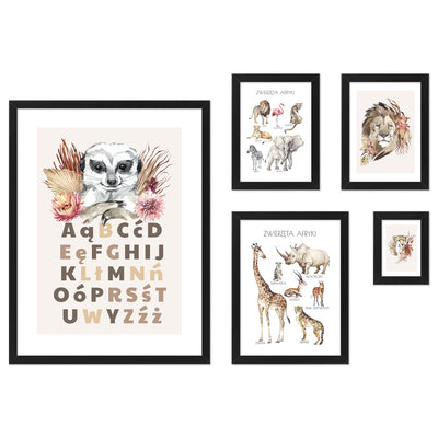 Galeria ścienna - plakaty ze zwierzętami Afryki i alfabetem z czarnymi ramkami dla przedszkolaków#ramka_czarna
