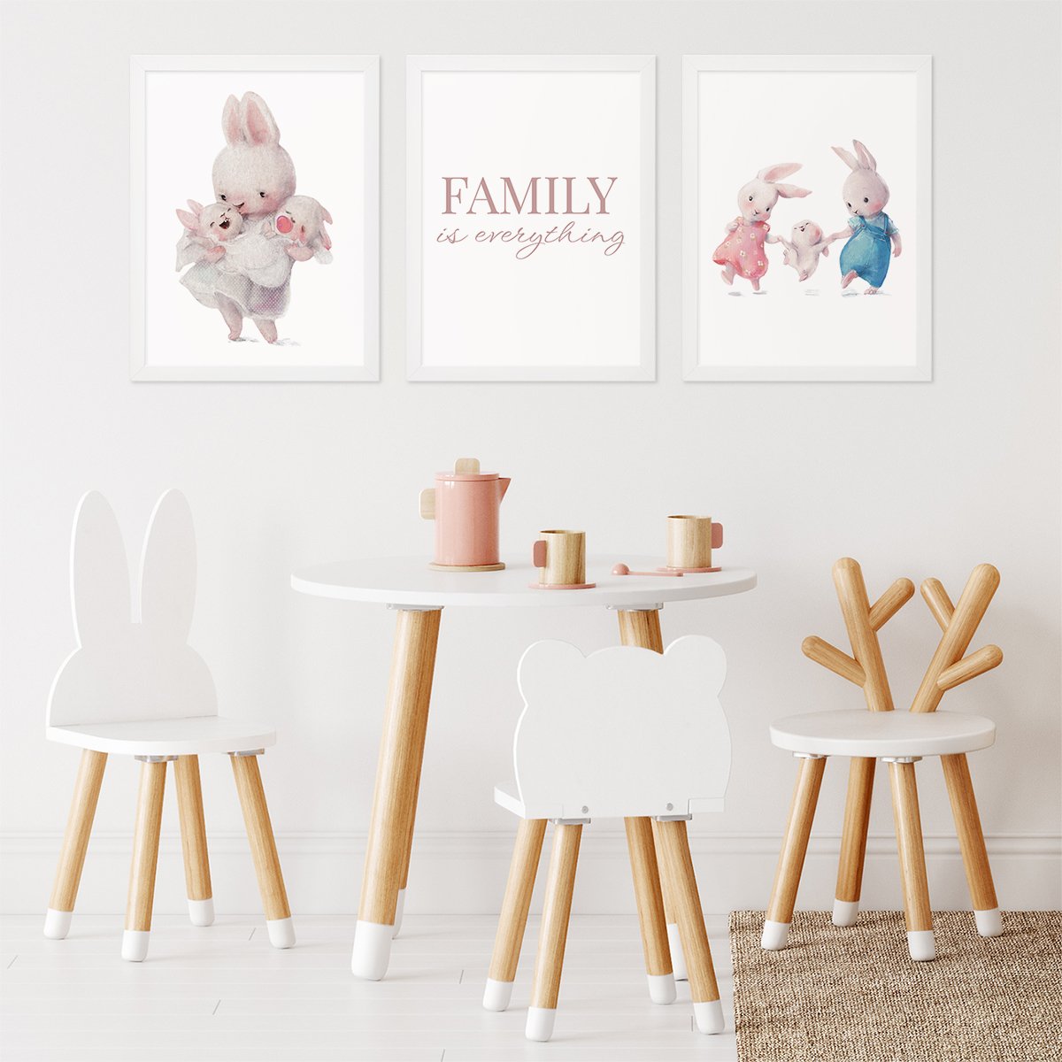Plakaty z króliczkami i cytatami do pokoju dzieci  w białych ramkach w zestawie