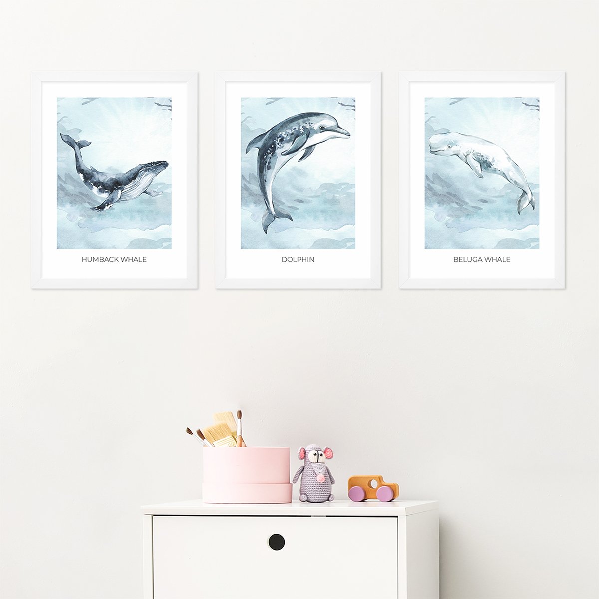 Plakaty do pokoju dziecięcego ze zwierzętami oceanicznymi - humbakiem, delfinem i wielorybem