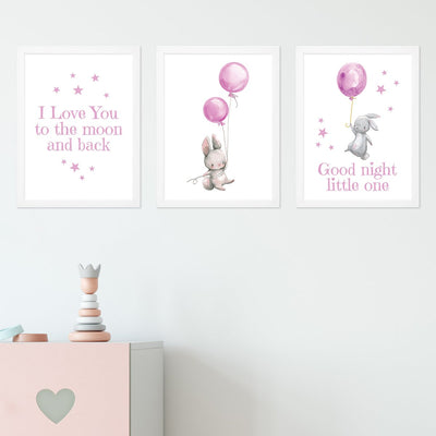 Plakaty dla dziewczynki z króliczkami i napisami good night little one do pokoju dziecięcego#kolor_rozowy
