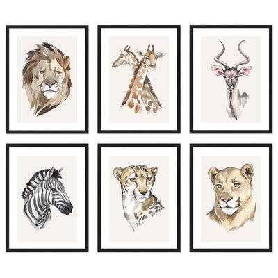 Galeria sześciu obrazów ze zwierzętami Afryki - plakaty do pokoju dziecięcego z czarnymi ramkami#ramka_czarna