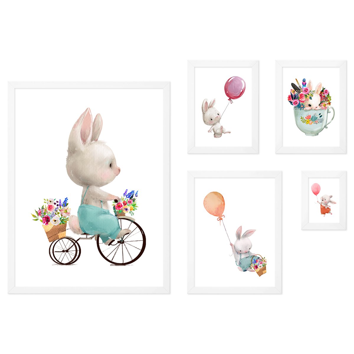 Galeria ścienna do pokoju dziecięcego z białymi ramkami w zestawie - plakaty z królikami, kwiatami i balonami#ramka_biala