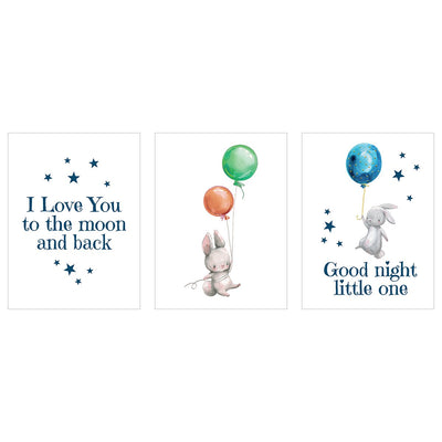 Plakaty do pokoju dziecka - napisy i króliki z balonami - zestaw trzech plakatów#kolor_kolorowy
