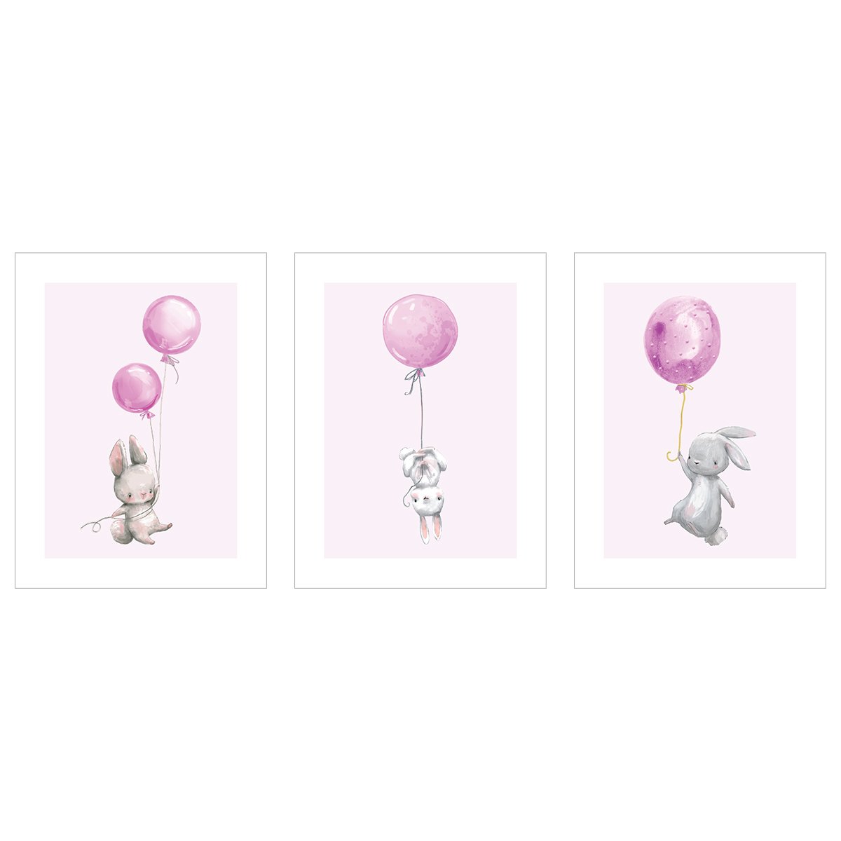 Trzy różowe plakaty z królikami i balonami do pokoju dziewczynki#kolor_rozowy