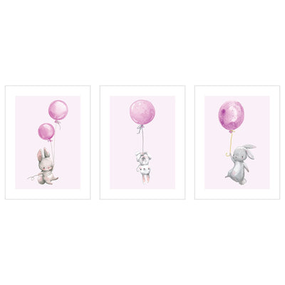Trzy różowe plakaty z królikami i balonami do pokoju dziewczynki#kolor_rozowy