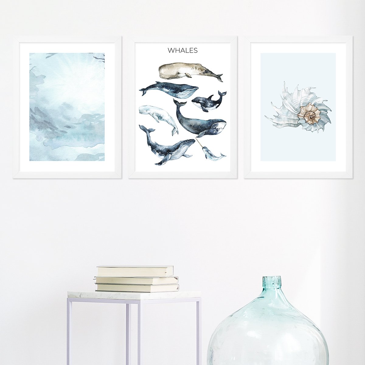 Plakaty do przedpokoju morze, zwierzęta morskie, wieloryby i biała muszla
