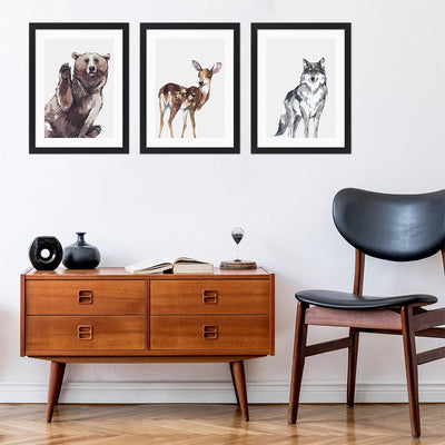 Plakaty do przedpokoju zwierzęta leśne - niedźwiedź, sarna i wilk