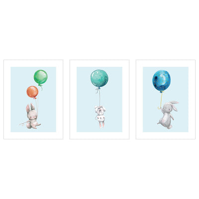 Plakaty do przedszkola - latające króliki z balonami - zestaw trzech plakatów#kolor_kolorowy