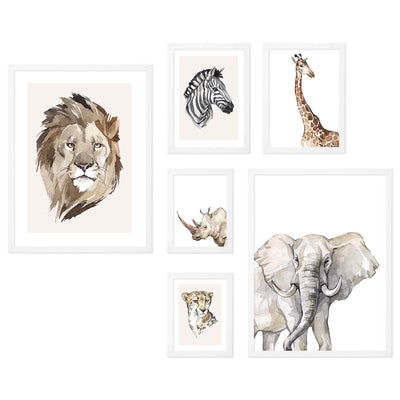 Galeria obrazów do salonu z białymi rakami - plakaty zwierzęta Afryki słoń, lew i żyrafa#ramka_biala