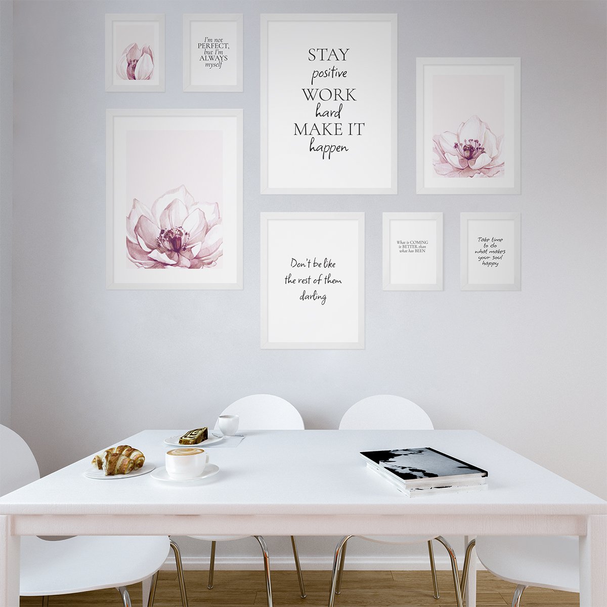 Galeria obrazów z białymi ramkami do salonu - plakaty z czarnymi napisami motywacyjnymi i różowymi akwarelowymi kwiatami#ramka_biala