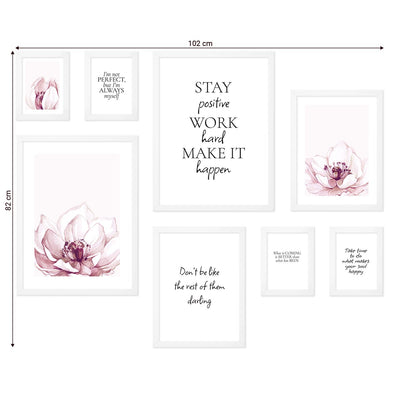 Galeria obrazów do sypialni - plakaty z napisami w języku angielskim i akwarelowe kwiaty w białych ramkach#ramka_biala