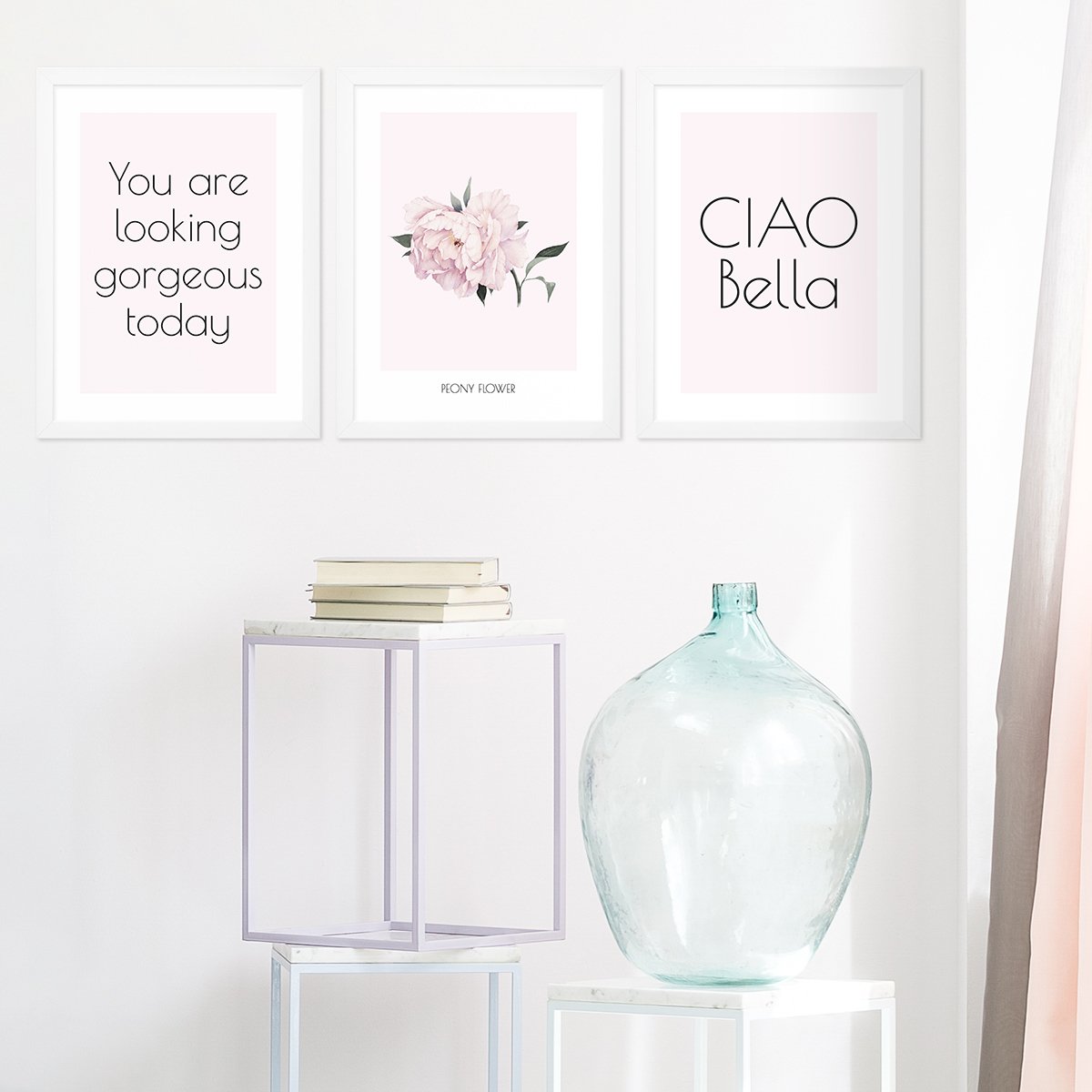 Plakaty do sypialni z napisami i kwiatem piwonii w stylu boho#kolor_rozowy-mix