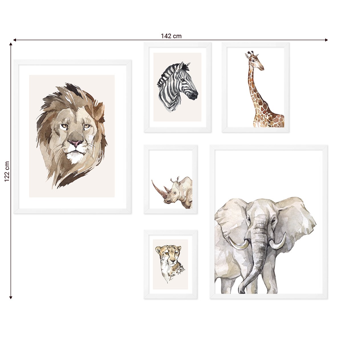 Galeria obrazów do pokoju dziecięcego - dzikie zwierzęta Afryk iw białych ramkach#ramka_biala