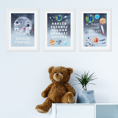Plakaty edukacyjne alfabet, kosmos i napisy motywacyjne