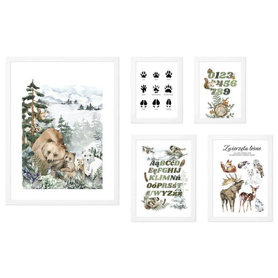Galeria obrazów zawierająca plakaty edukacyjne z motywem lasu i zwierząt leśnych w białych ramkach do pokoju dziecięcego#ramka_biala