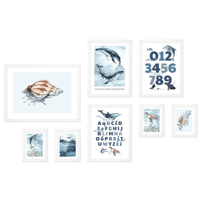 Galeria obrazów do pokoju dziecięcego w stylu morskim - plakaty edukacyjne,  wieloryby i żółwie z białymi ramkami#ramka_biala