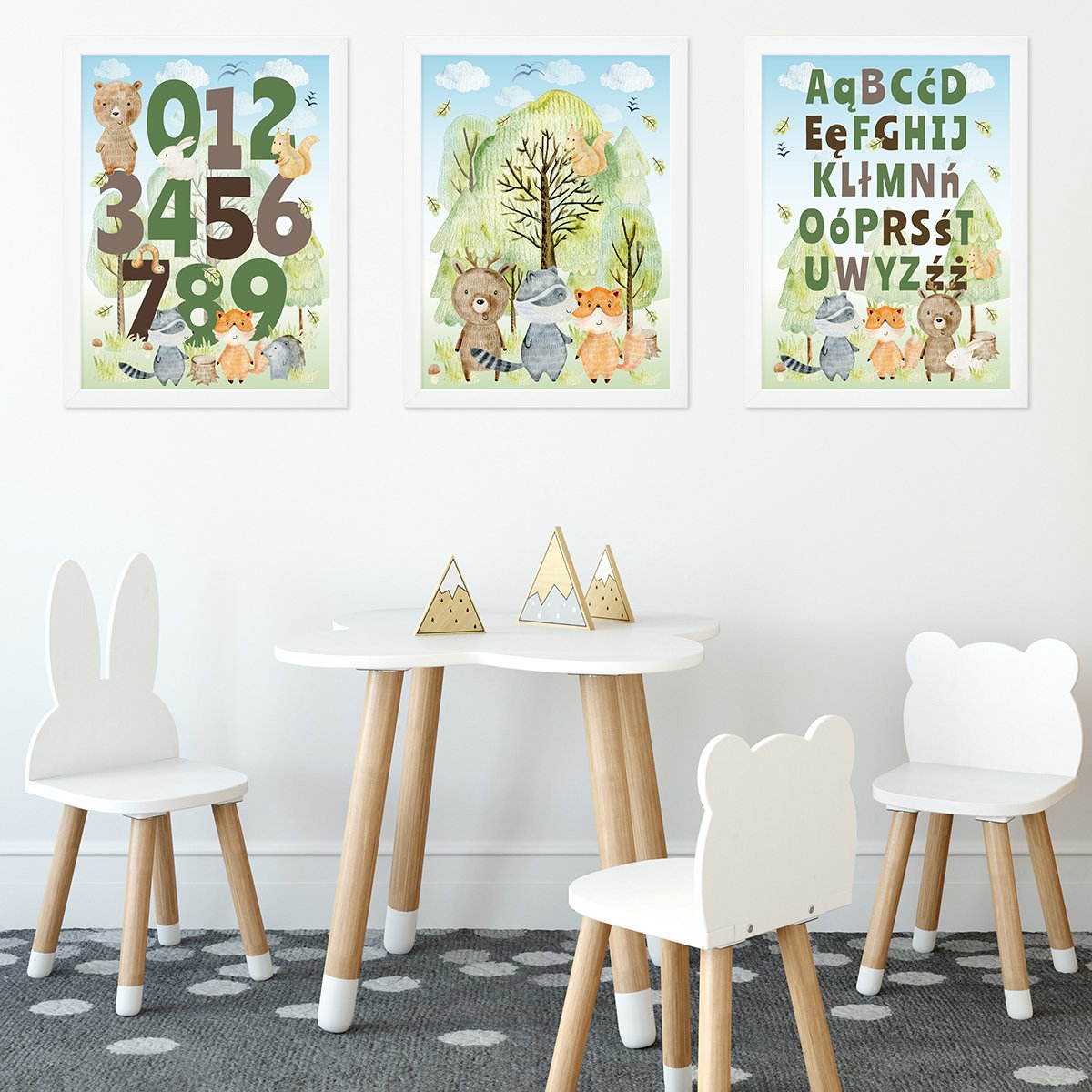 Plakaty edukacyjne dla przedszkolaków alfabet w języku polskim, cyfry i zwierzęta leśne