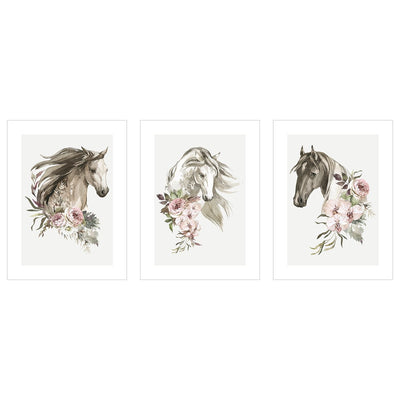 Plakaty na ścianę konie i różowe kwiaty - zestaw trzech plakatów