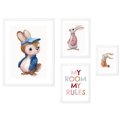 Galeria pięciu obrazów do pokoju dziecięcego z białymi ramkami w komplecie - chłopięce plakaty królikii#ramka_biala