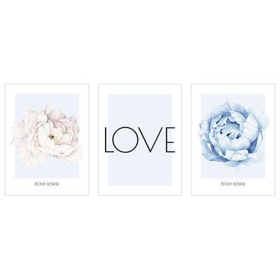 Plakaty na ścianę - akwarelowe kwiaty piwonie i napis LOVE - zestaw trzech plakatów#kolor_niebieski