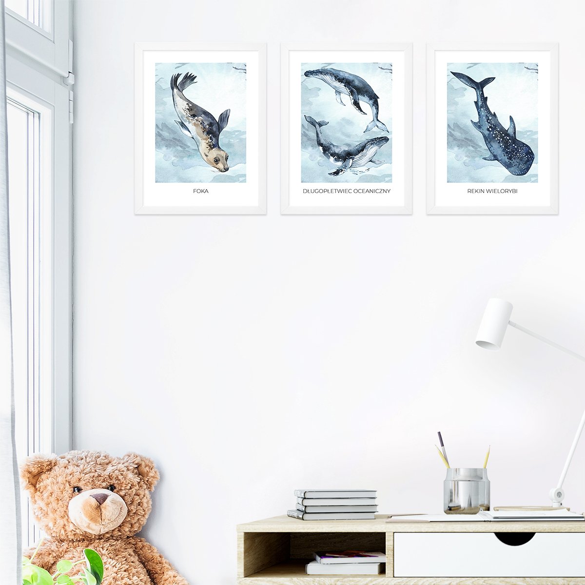 Plakaty na ścianę zwierzęta oceaniczne - wieloryb, rekin i foka