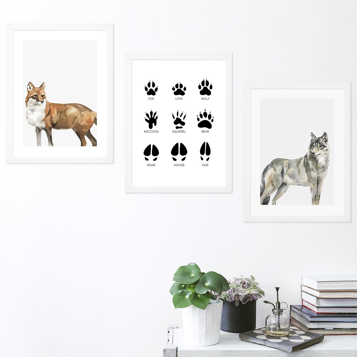 Plakaty na ścianę zwierzęta leśne - lis, wilk i ślady dzikich zwierząt