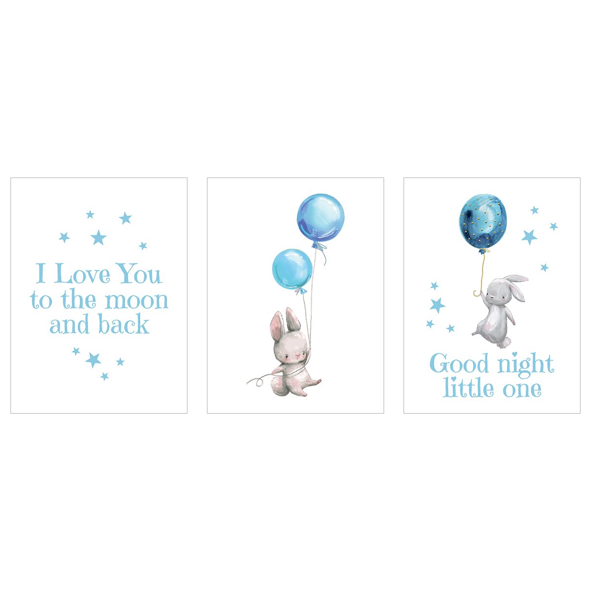 Plakaty na ścianę dla chłopca z królikami, niebieskimi balonami i napisami#kolor_niebieski