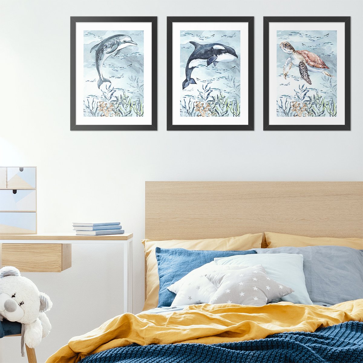 Plakaty na ścianę dla dzieci zwierzęta morskie - delfin, orka i żółw