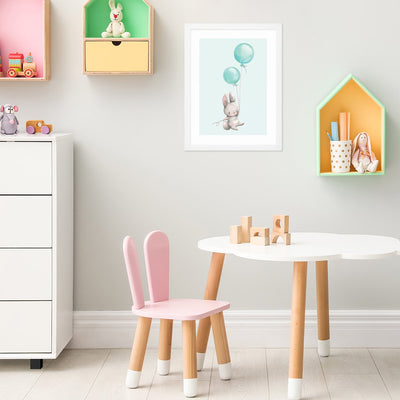 Plakaty na ścianę z królikiem i miętowymi balonami dla dziewczynki#kolor_mietowy