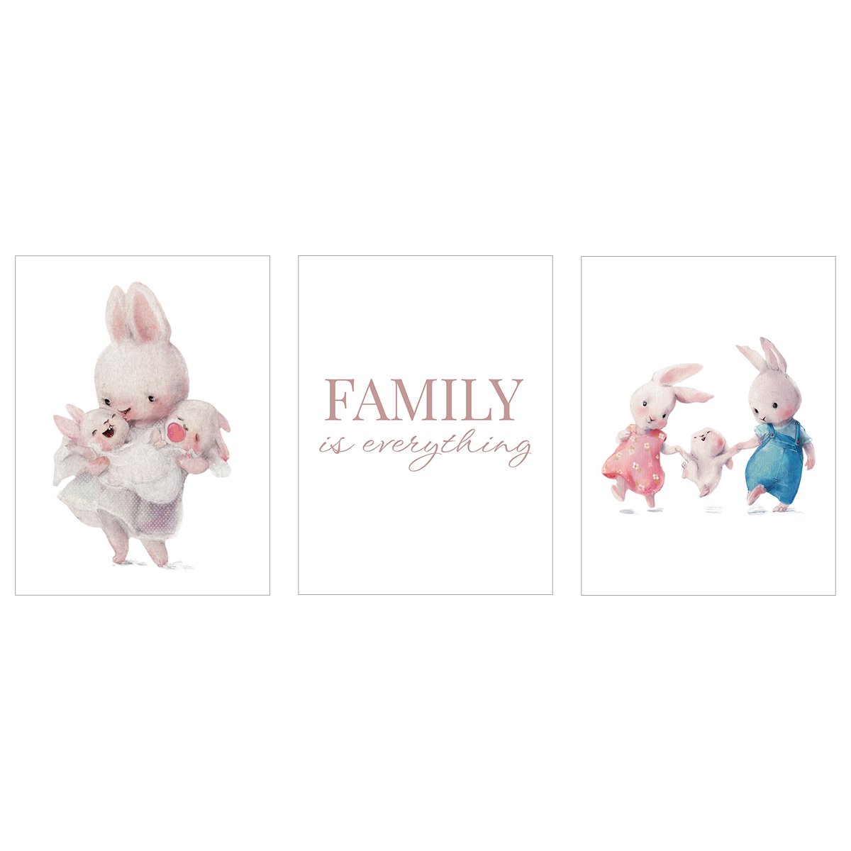 Plakaty na ścianę do pokoju dziecka - rodzina królików - zestaw trzech plakatów