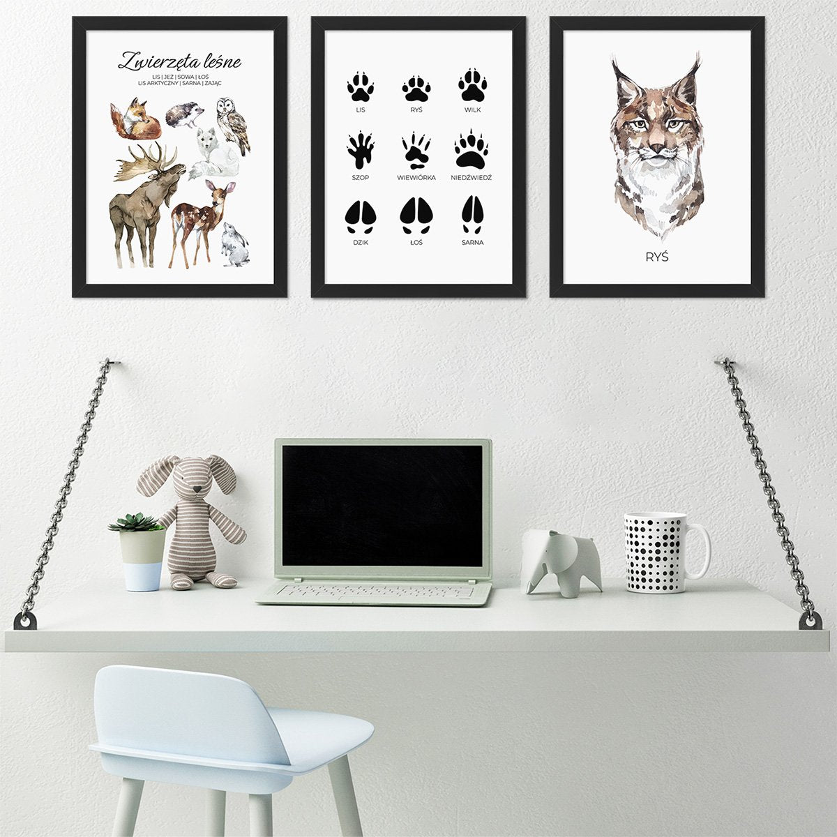 Trzy plakaty na ścianę dla dzieci ze zwierzętami leśnymi- zestaw z czarnymi ramkami