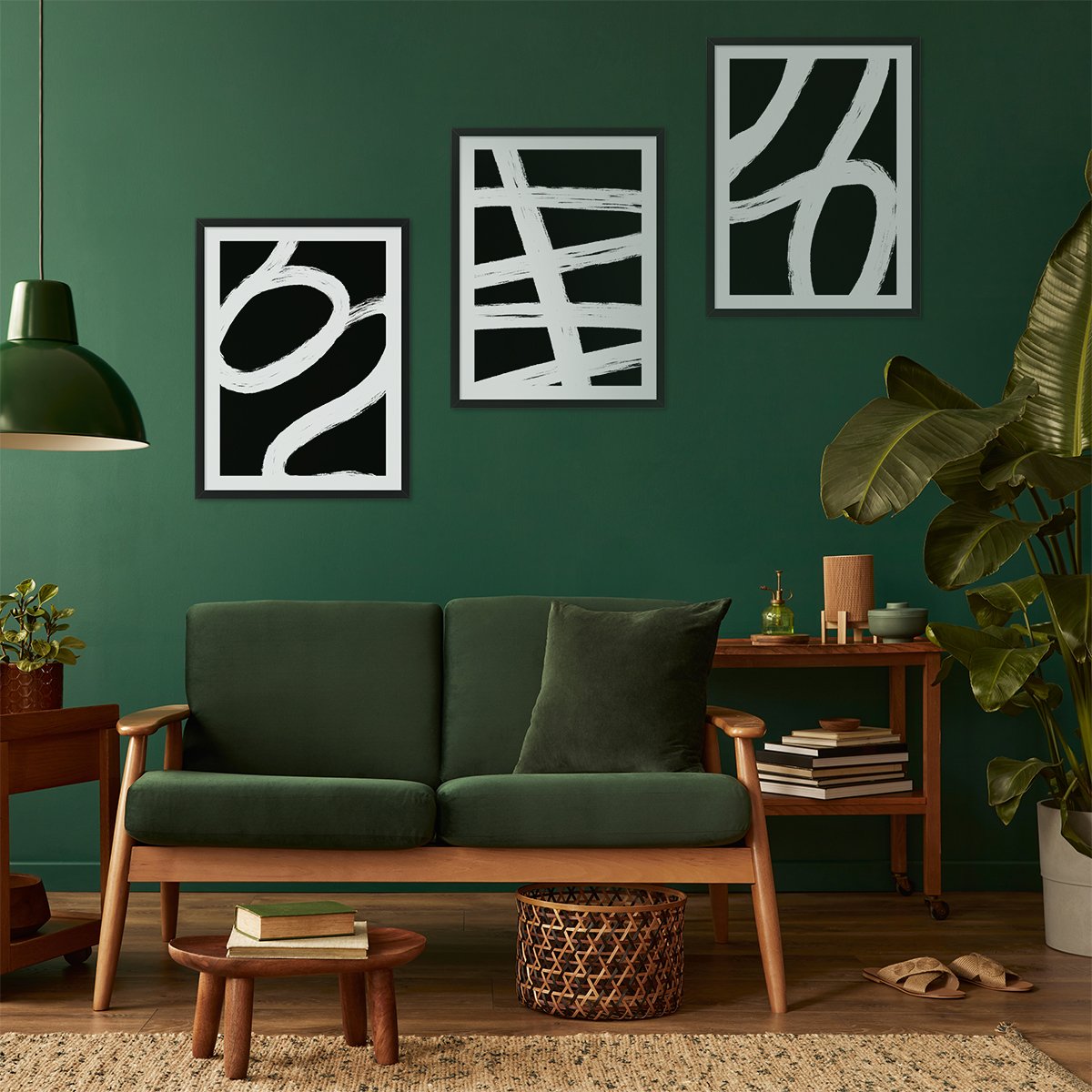 Plakaty 50x70 cm na ścianę do salonu abstrakcja - zestaw trzech sztuk z czarnymi ramami 
