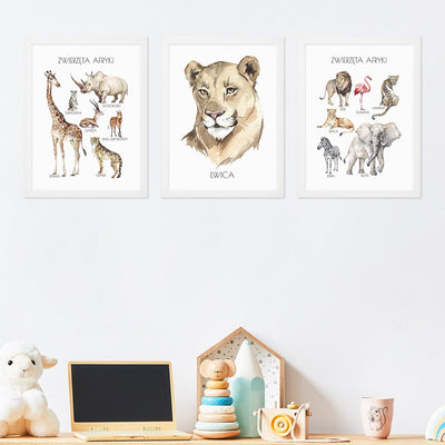 Plakaty na ścianę dla dzieci z dzikimi zwierzętami Afryki z białymi ramkami powieszone nad półka z zabawkami w pokoju dziecięcym - zestawy trzech sztuk plakatów z ramkami