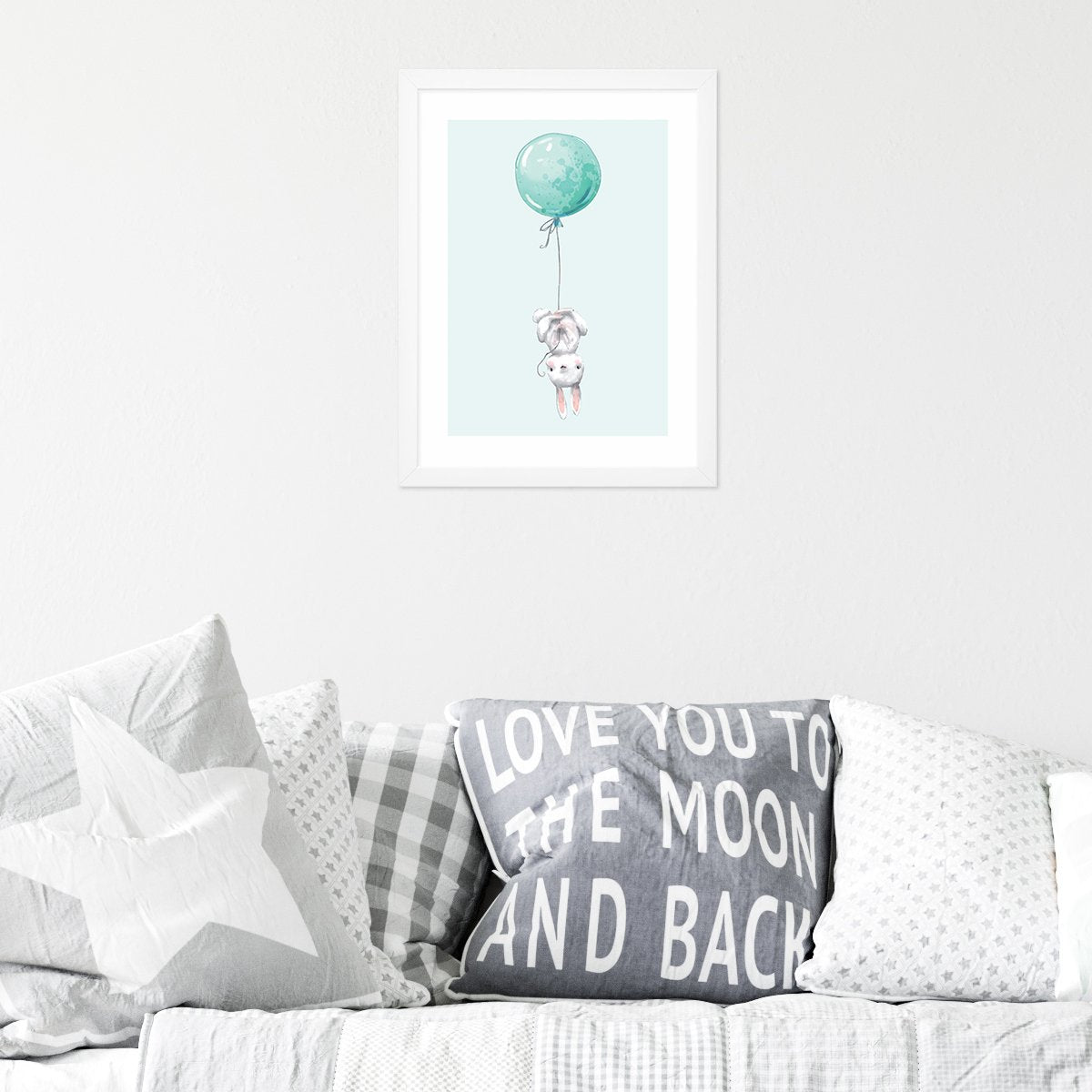 Plakaty na ścianę z królikiem i balonem do pokoju chłopca - zestawy z ramkami#kolor_mietowy