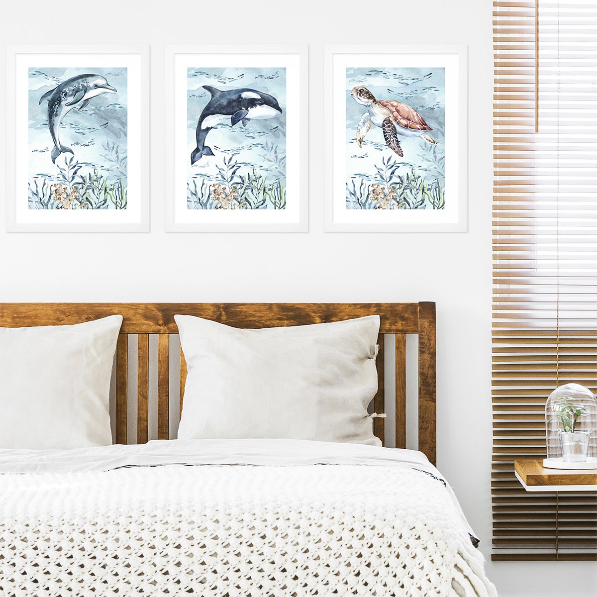 Plakaty na ściany do sypialni zwierzęta morskie, ocean w białych ramkach