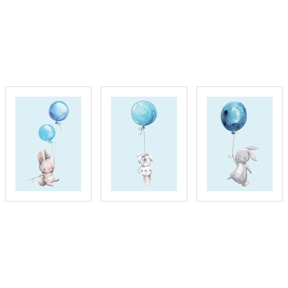 Plakaty na ściany do pokoju dziecięcego z królikami i niebieskimi balonami#kolor_niebieski