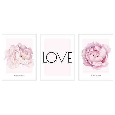 Plakaty na ścianę - piwonie i miłosny napis LOVE- zestaw trzech plakatów#kolor_rozowy-mix