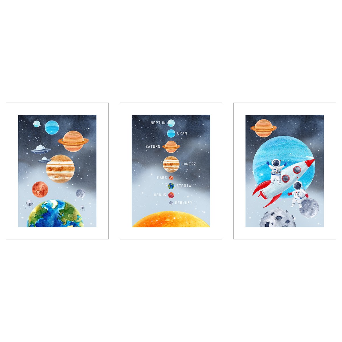 Plakaty edukacyjne dla chłopca - planety - zestaw trzech plakatów