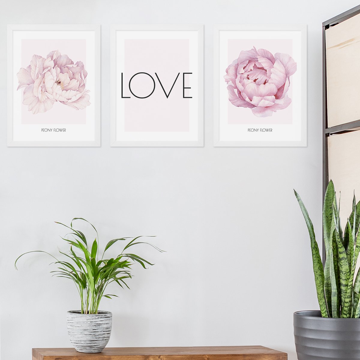 Plakat rośliny do salonu oprawione w białe drewniane ramki#kolor_rozowy-mix