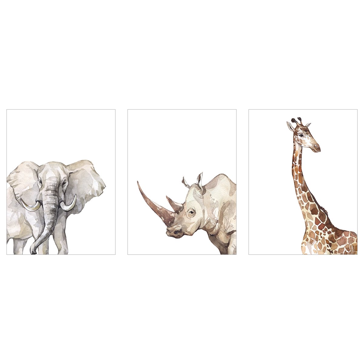 Plakaty na ścianę - słoń, nosorożec, żyrafa - zestaw trzech plakatów